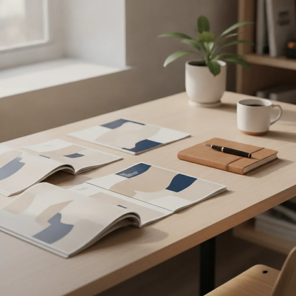 Brochures et documents d'information posés sur une table de bureau claire