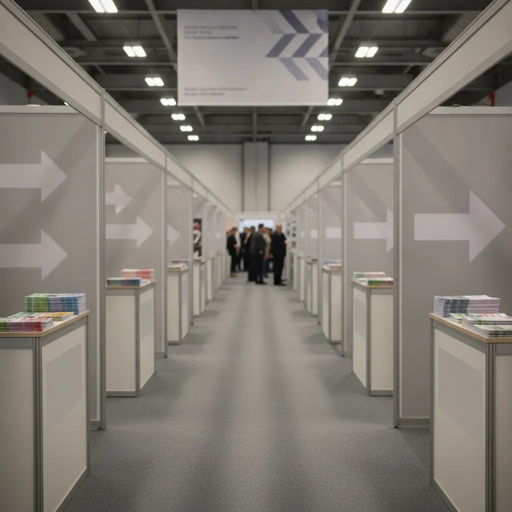 Allée d'un salon de l'orientation avec plusieurs stands, visiteurs consultant des brochures