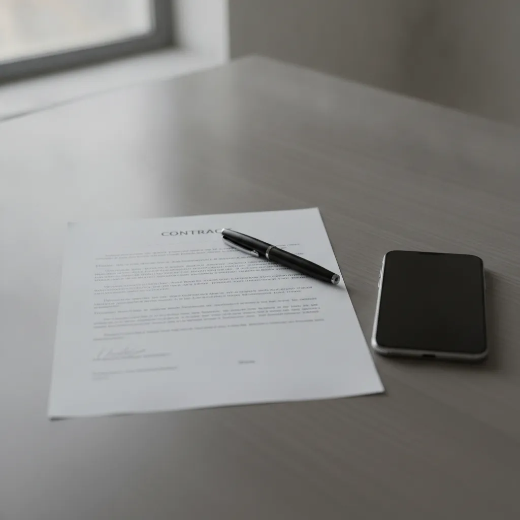 Bureau avec un contrat de travail imprimé, un stylo et un téléphone posé à côté