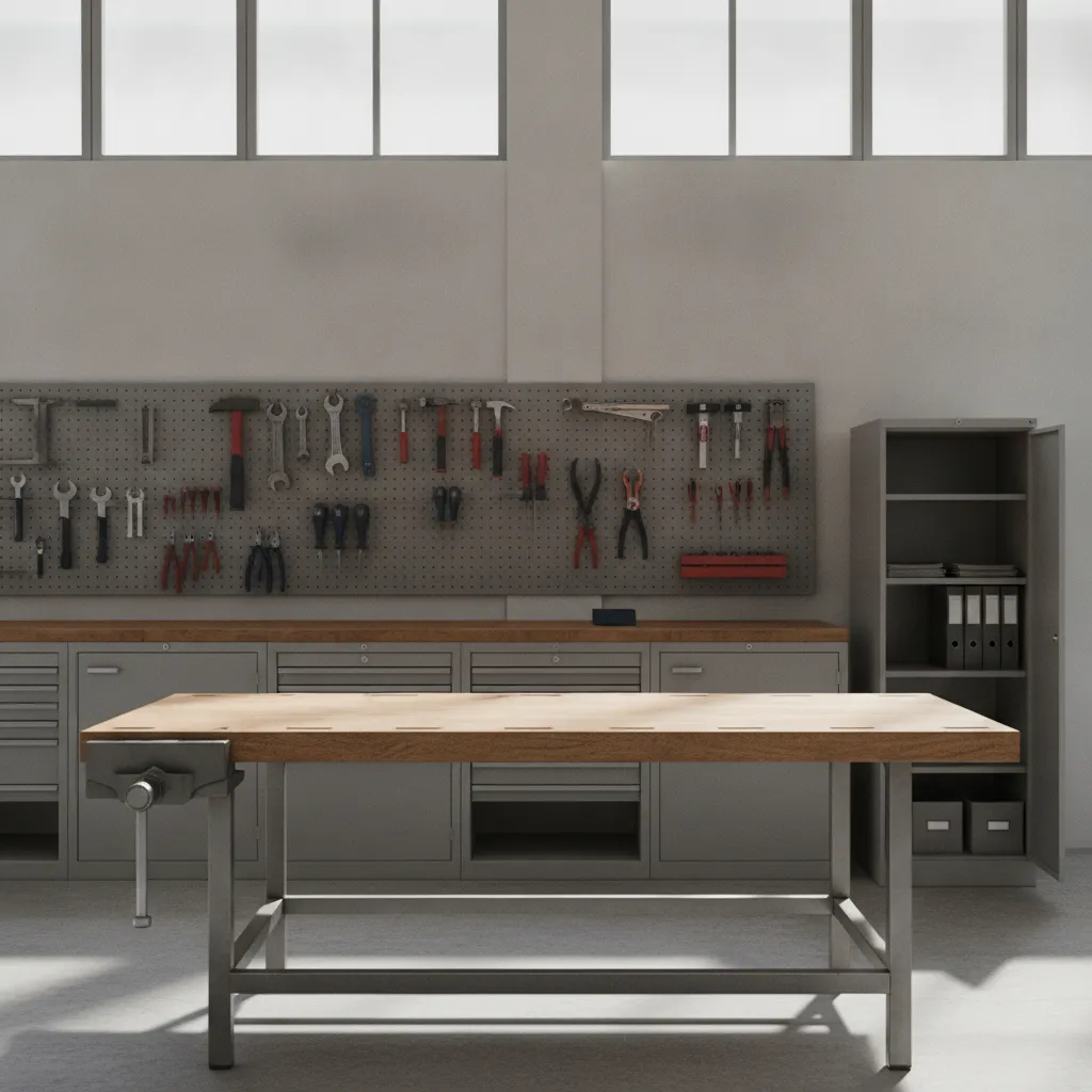 Établi et outils rangés dans un atelier de formation professionnelle